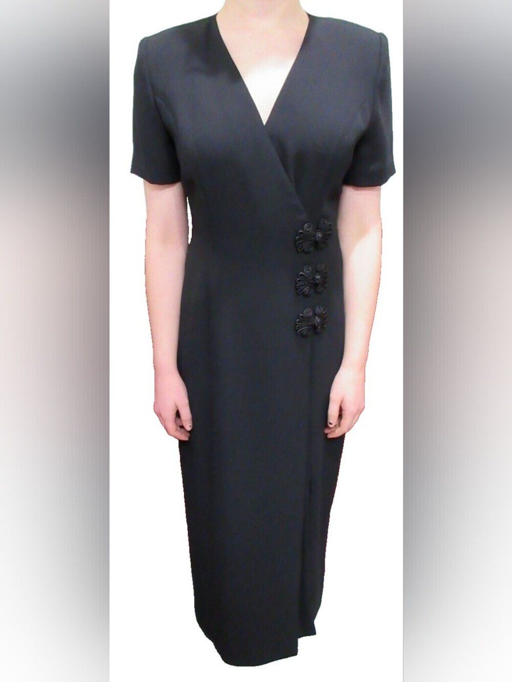 90's Vintage Maggy London Black Midi Sheath Dress with Frog-Button  - Size 8